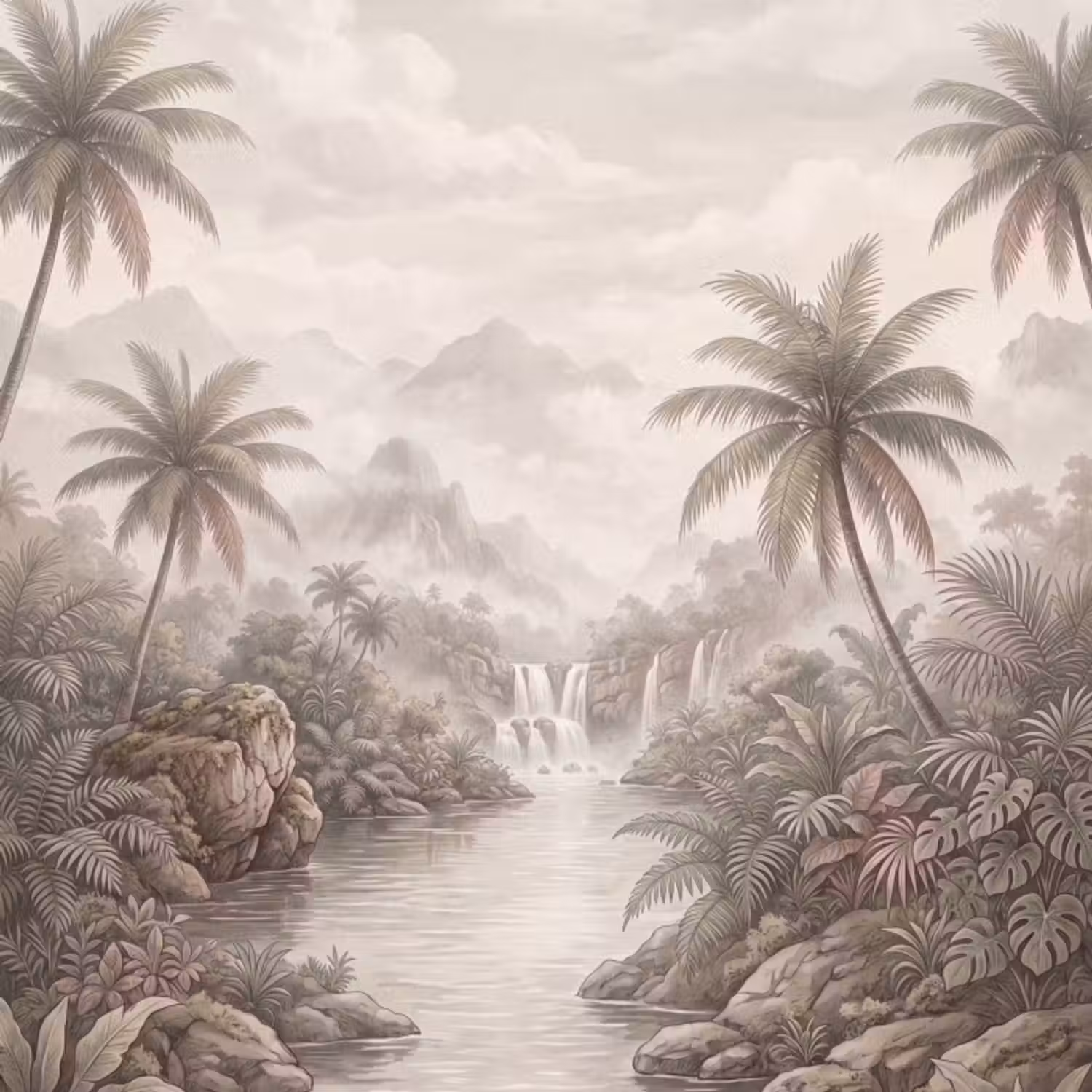 Behang - Jungle - Watervallen - Tropisch - Illustratie