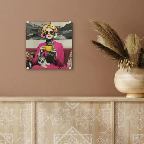 Vrouw - Kat - Bloemen - Kopje - Retro plexiglas 5mm klein -sfeer5