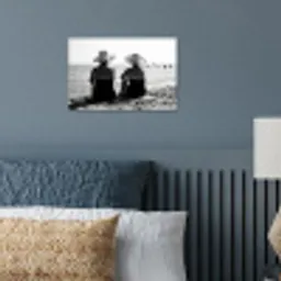 Vrouwen - Zonnehoed - Strand - Zwart - Wit poster papier klein -sfeer2