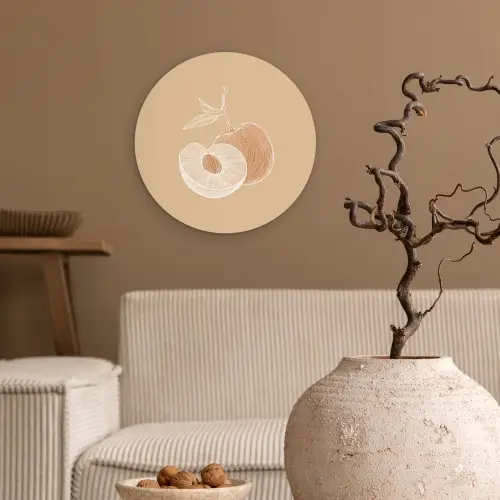 Perzik - Lijntekening - Pit - Beige Wandcirkel plexiglas klein -sfeer1