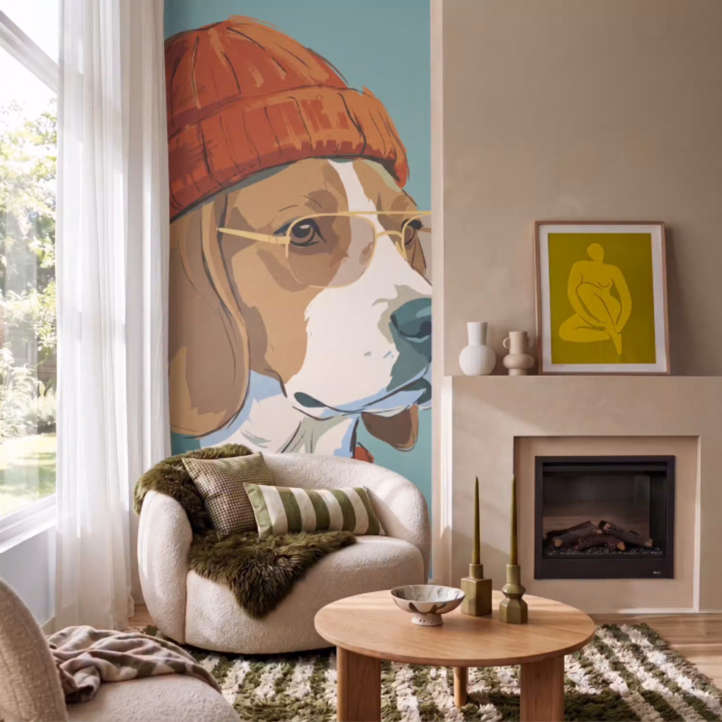 Hond - Beanie - Zonnebril - Dieren - Modern Behang Vlies klein -sfeer2