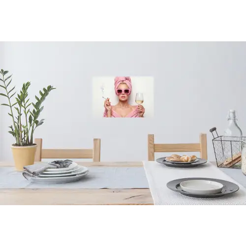 Vrouw - Roze - Wijn - Zonnebril Muursticker klein -eettafel