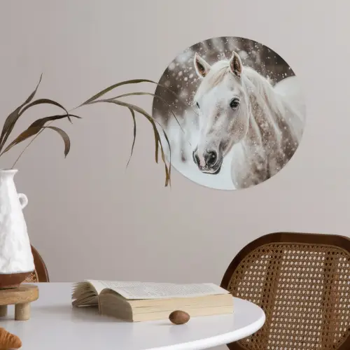 Paard - Wit - Winter - Natuur - Sneeuw - Dieren Wandcirkel behangsticker klein -sfeer3
