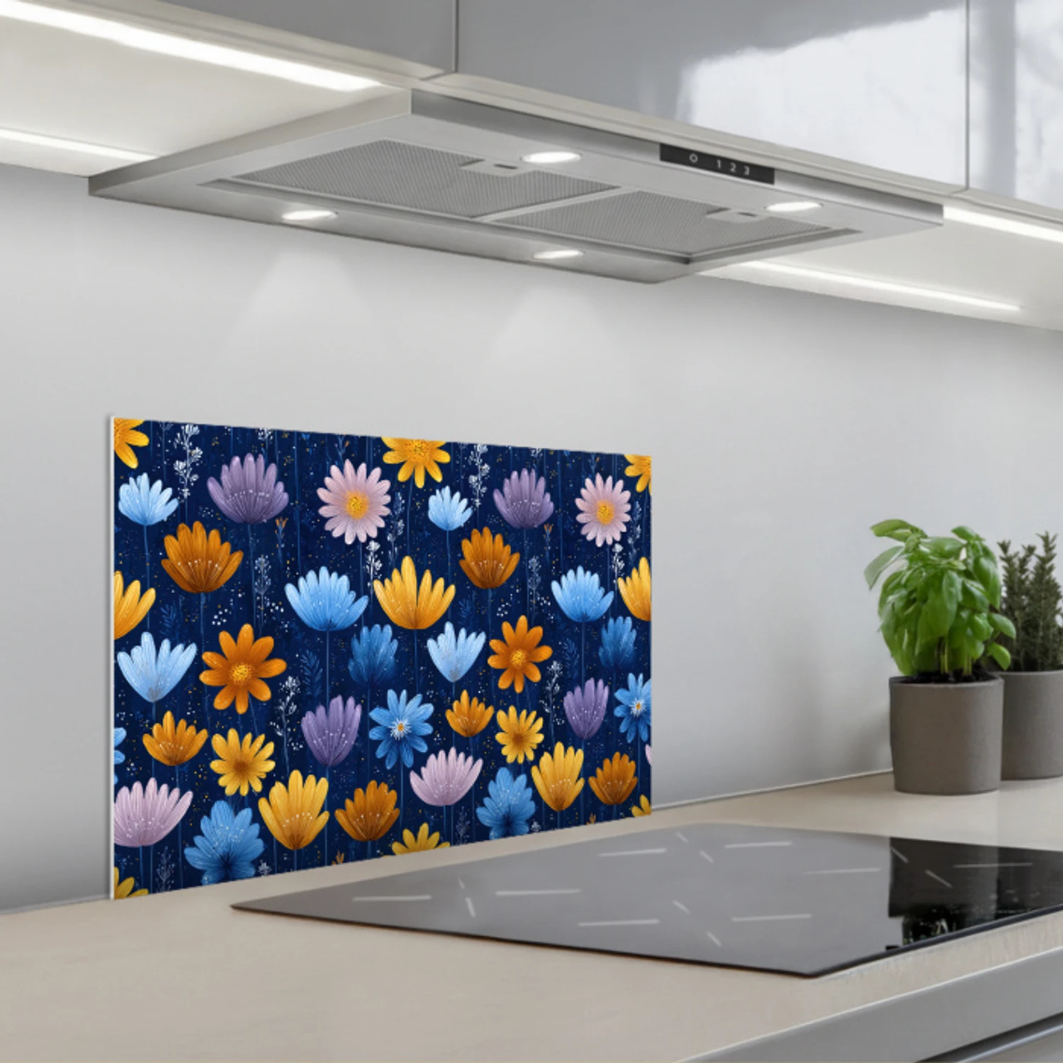 Kitchen splashback for hob - Flowers - Pattern - Blue - Contrast ...