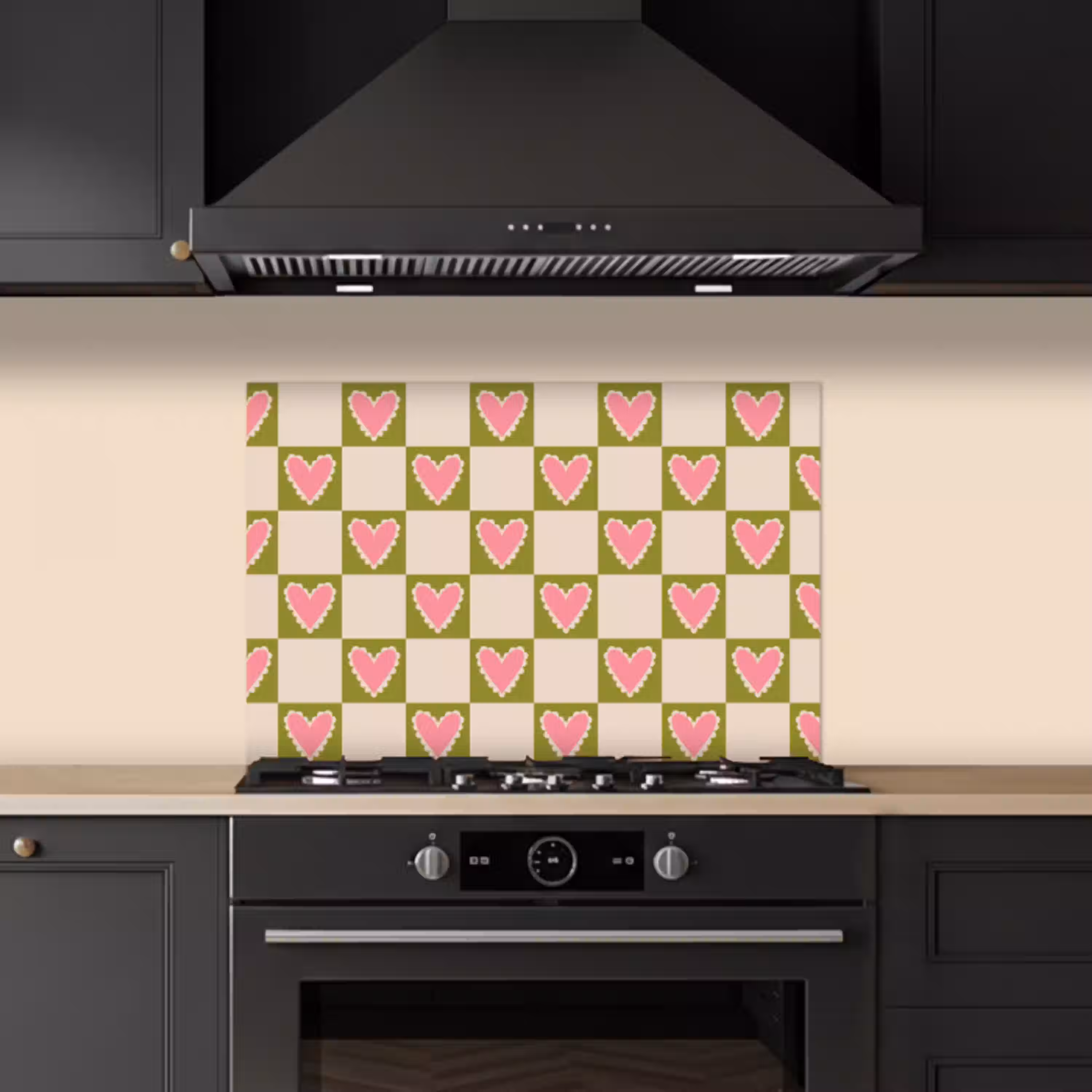 Olijfgroen - Hartjes - Patroon - Retro keuken achterwand spatscherm klein 900 -sfeer1