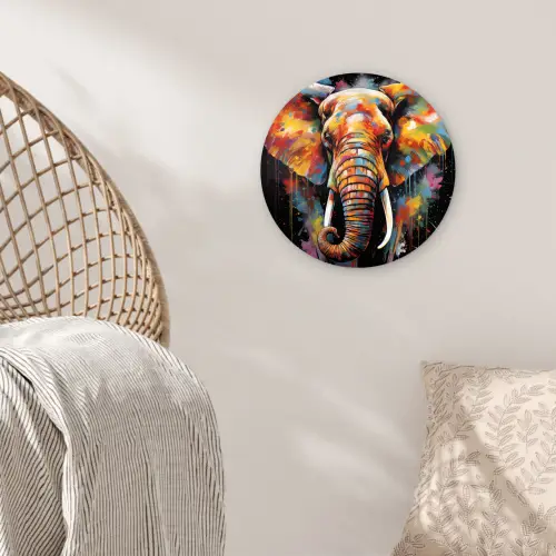 Olifant - Graffiti - Zwart - Dieren - Kleuren Wandcirkel kunststof plaat 5mm dik klein -sfeer5