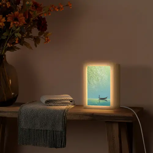 Bootje - Water - Bladeren - Bloesems Light Box met kabel (Tafellamp) klein -sfeer4