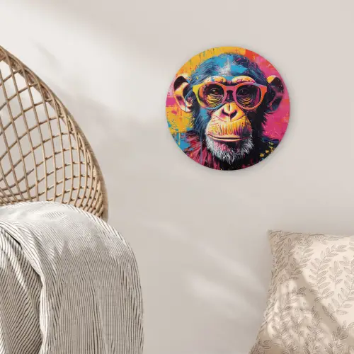 Graffiti - Chimpansee - Aap - Bril - Kleurrijk Wandcirkel kunststof plaat 5mm dik klein -sfeer5