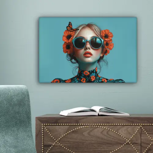 Vrouw - Blauw - Vlinder - Bloemen - Aesthetic canvas 2cm klein -sfeer4