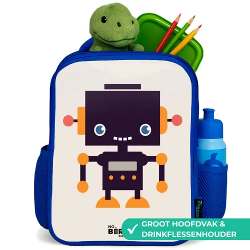 Zwarte robot met oranje accenten Kinderrugzak - Blauw middel -inhoud_NL
