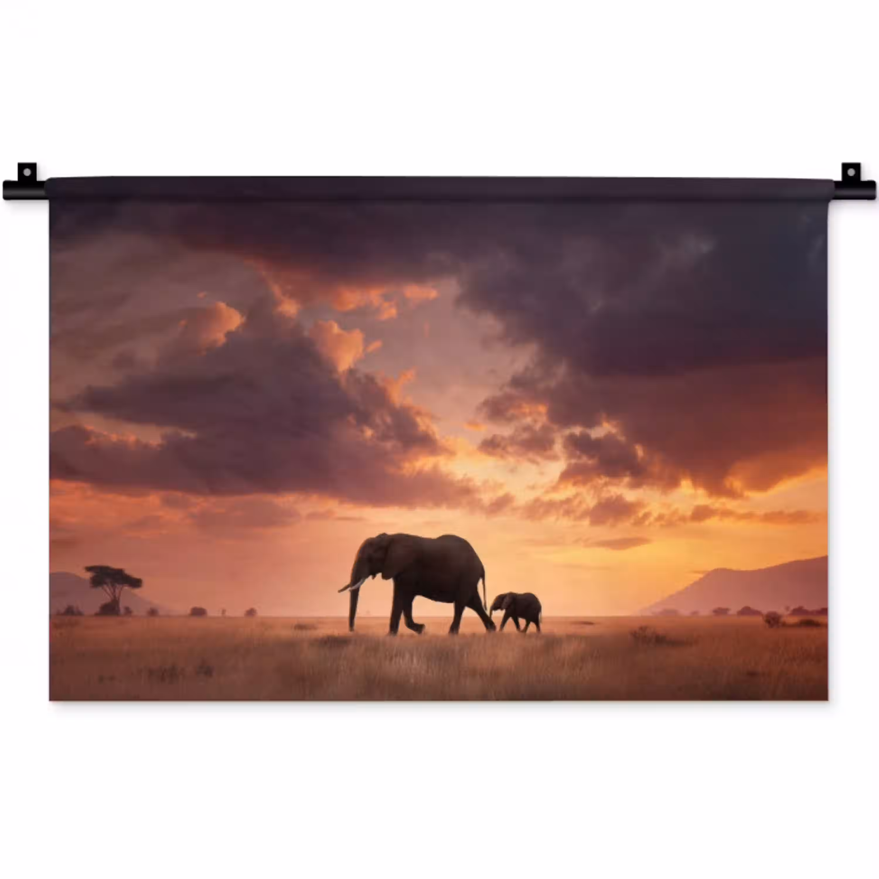 Olifanten - Grasland - Zonsondergang Wandkleed katoen klein -zz3d