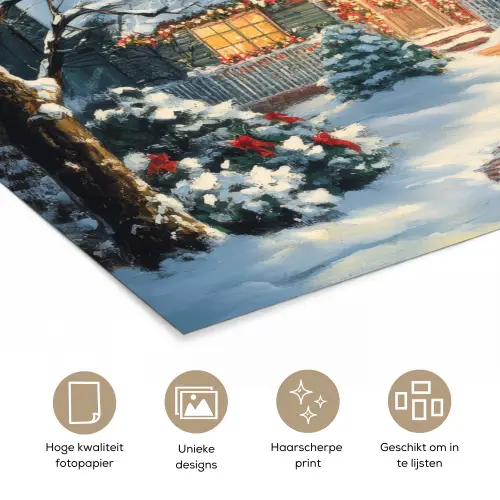 Kerst - Kerstboom - Winter - Huis - Sneeuw poster papier klein -closeup_NL