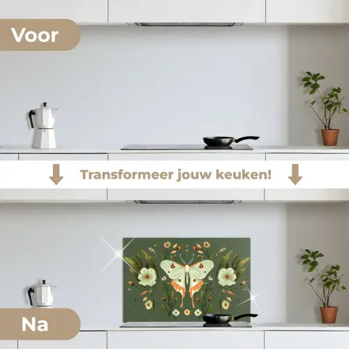 Bloemen - Bladeren - Olijfgroen - Vlinder keuken achterwand spatscherm klein -voor_na_NL