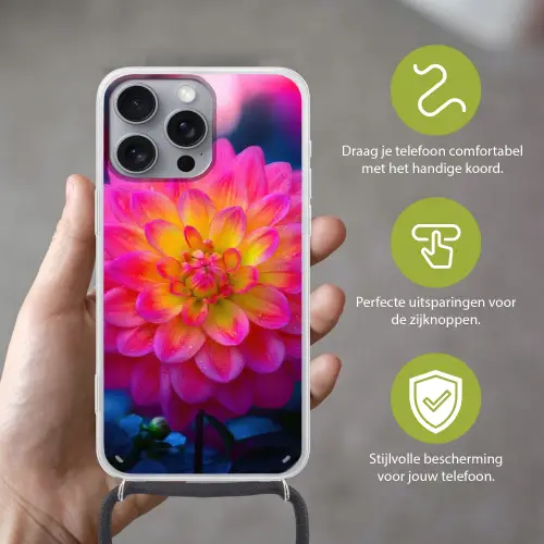Roze - Dahlia - Kleurrijk Hoesje iPhone 16 Pro Max met koord klein -sfeer2_NL