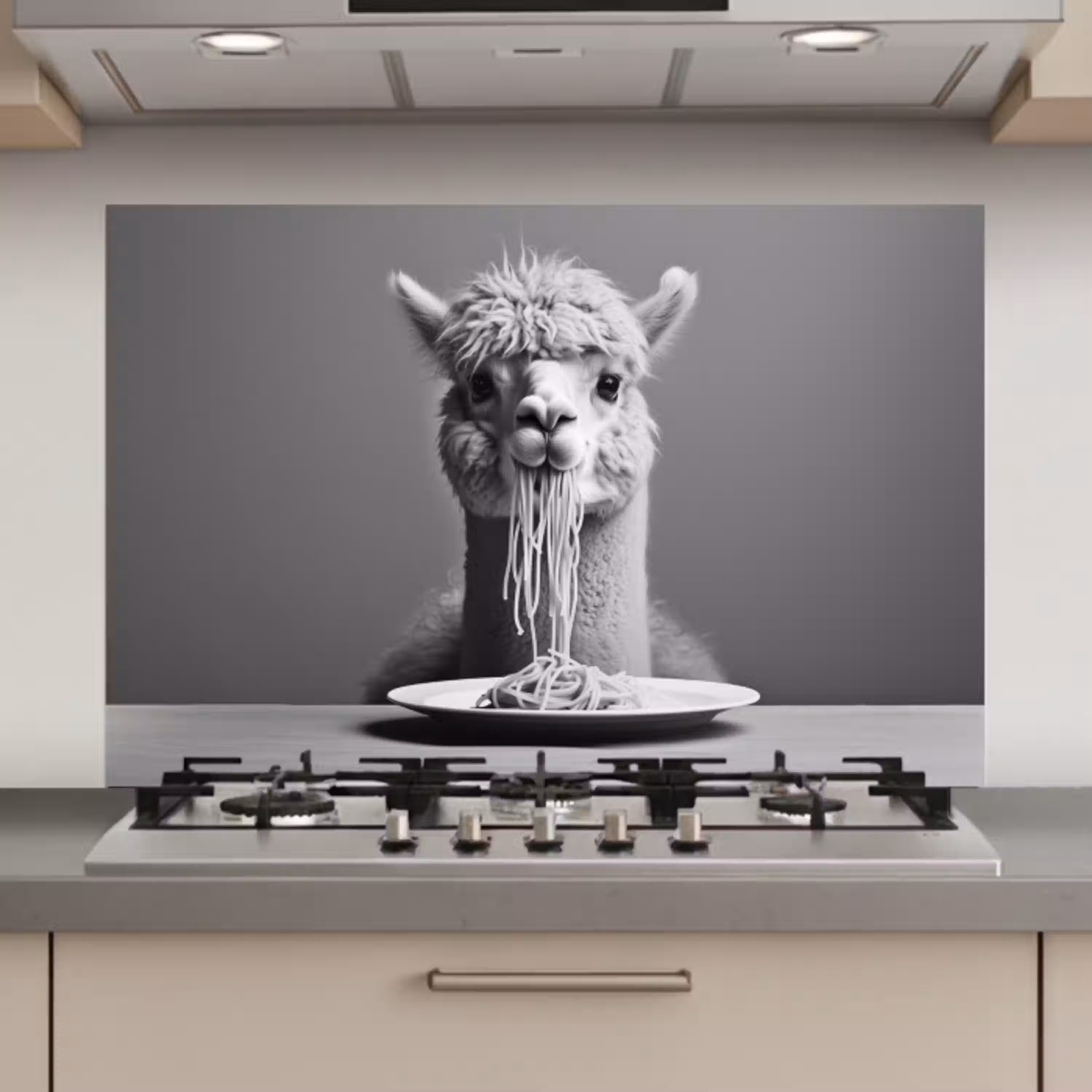 Alpaca - Pasta - Zwart - Wit - Grappig - Dieren keuken achterwand spatscherm klein -3d_website