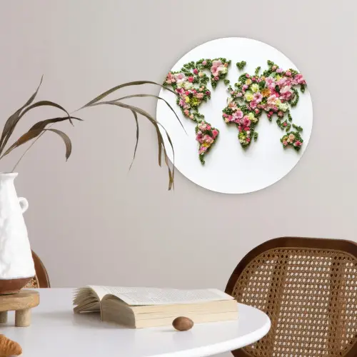 Wereldkaart - Kleurrijk - Bloemen - Lente Wandcirkel plexiglas klein -sfeer4