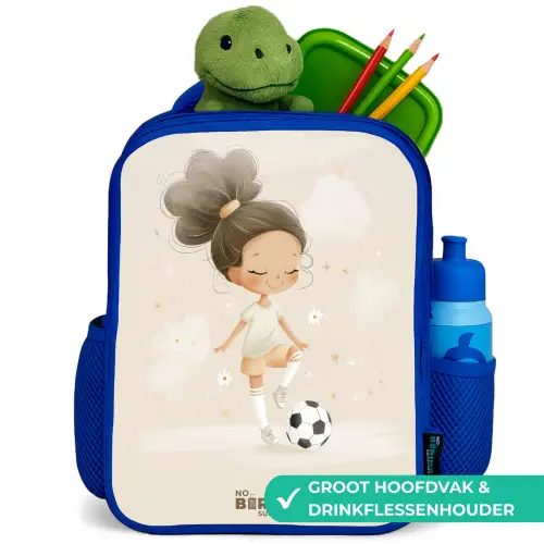 Meisje met een voetbal in beige kleuren Kinderrugzak - Blauw middel -inhoud_NL
