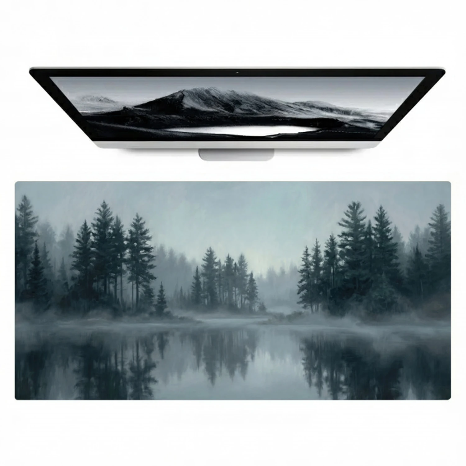 Bos - Meer - Mist - Natuur - Grijs Muismat XXL klein -zzz3d