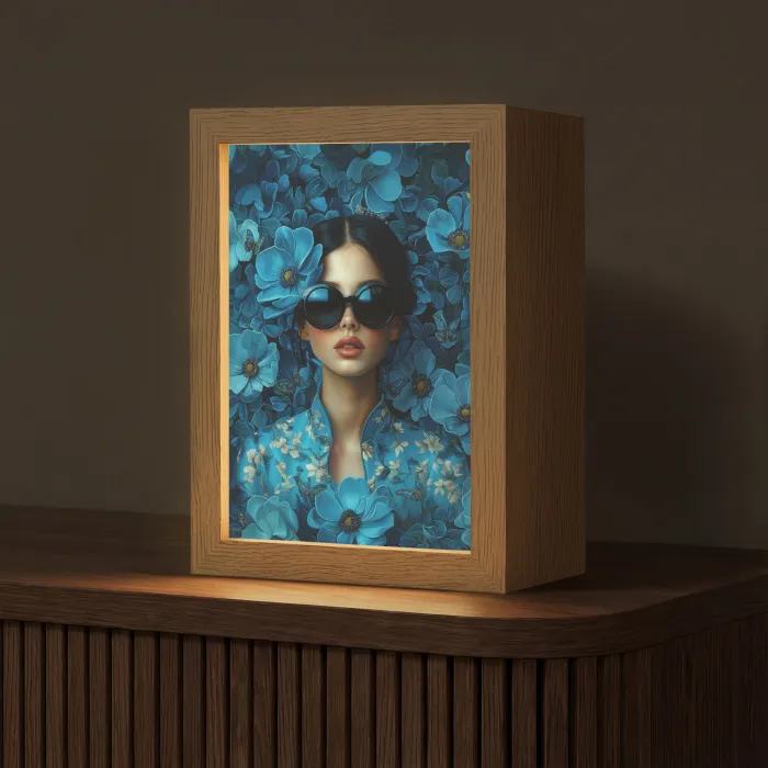 Vrouw - Bloemen - Blauw - Aesthetic - Luxe Light Box met kabel (Tafellamp) klein -z3d_website