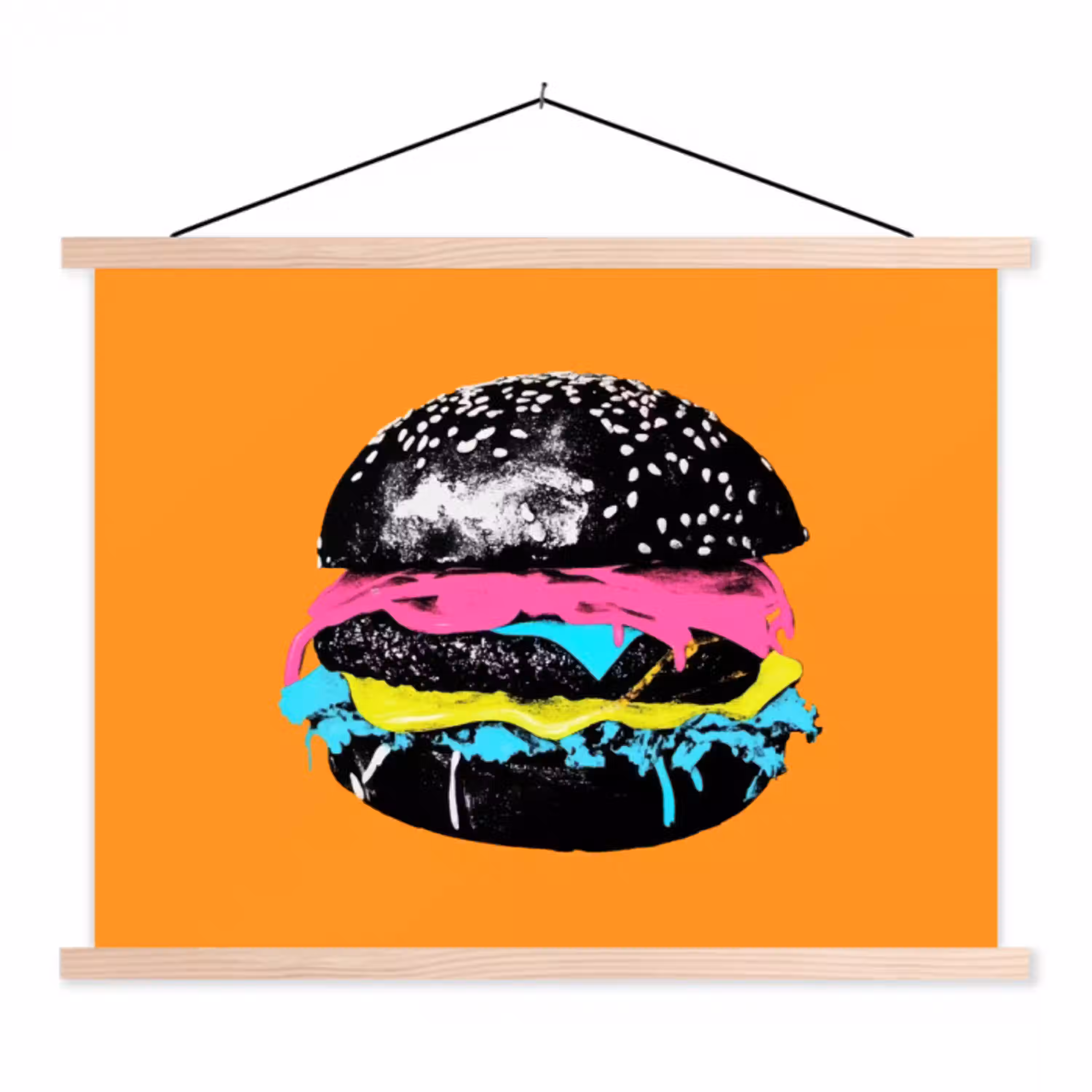 Hamburger - Oranje - Neon - popart textielposter latten blank klein -3d