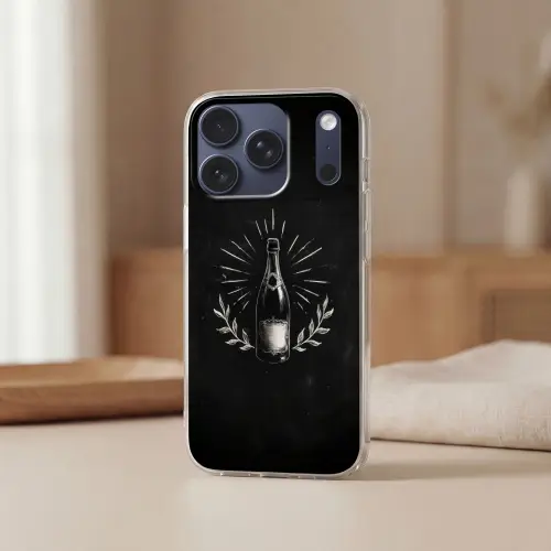 Champagnefles - Lauriertakken - Zwarte achtergrond Telefoonhoesje iPhone 17 Pro klein -sfeer2
