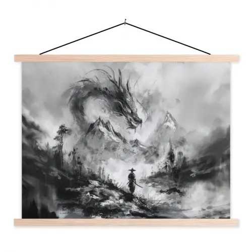 Krijger - Draak - Grijs textielposter latten blank klein -3d