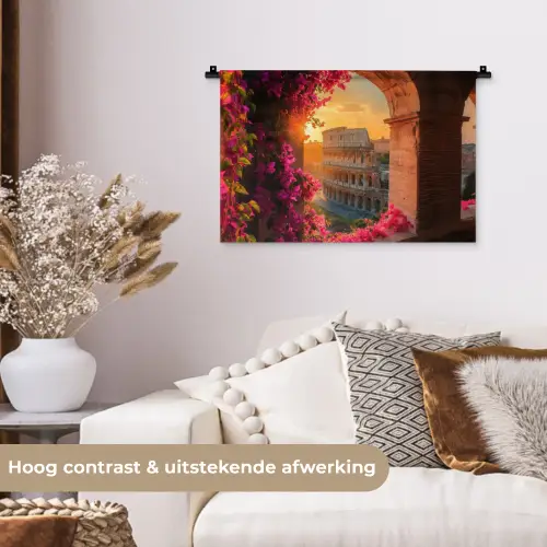 Colosseum - Rome - Roze Bloemen Wandkleed katoen klein -sfeer1