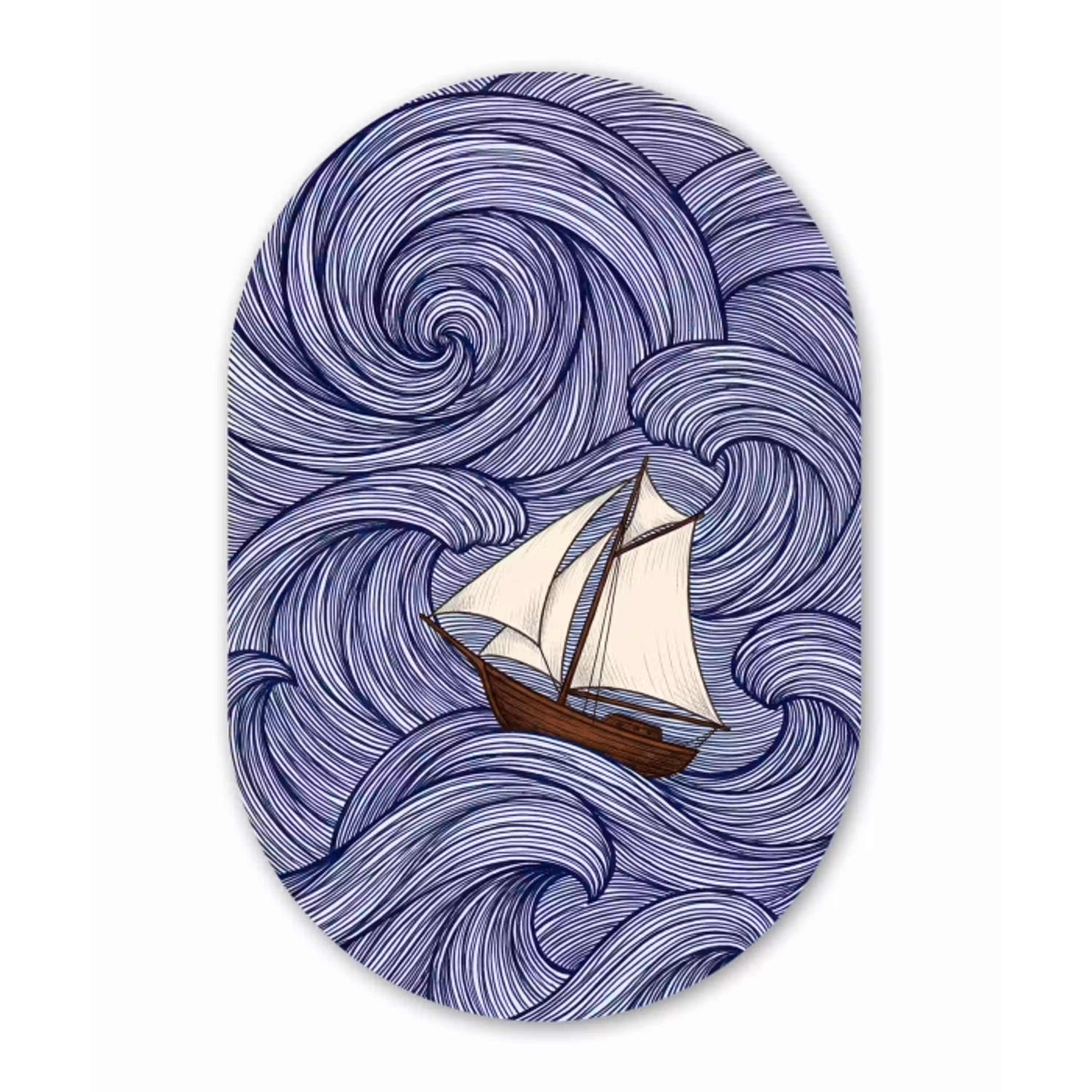 Schip - Golven - Zee - Illustratie - Blauw Wandcirkel Ovaal Aluminium middel -3d