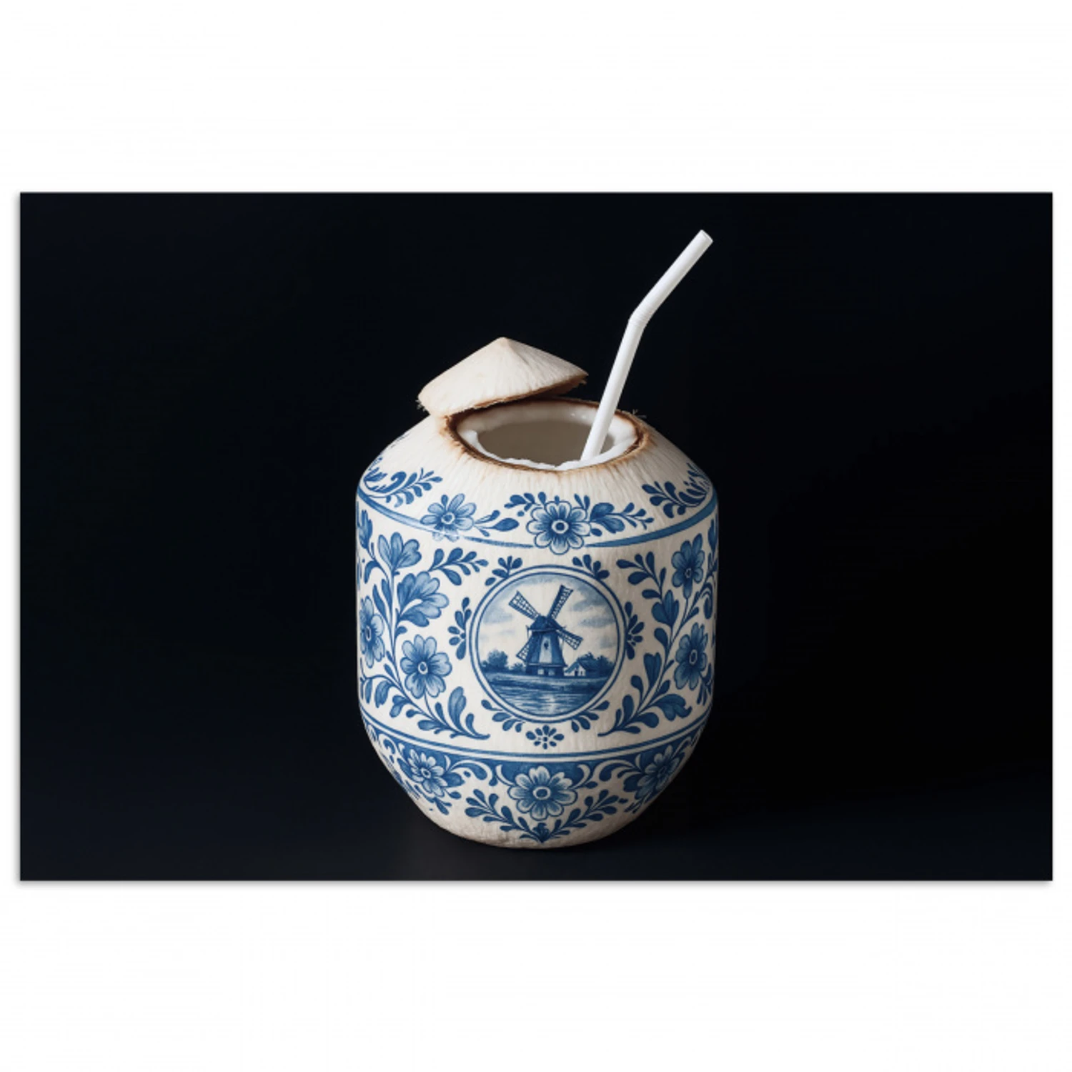 Kokosnoot - Eten - Delfts blauw - Drinken poster papier klein -3d