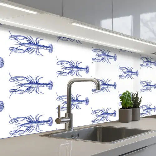 Kreeften - Patroon - Blauw - Wit keuken achterwand 2 middel -3d_schuin