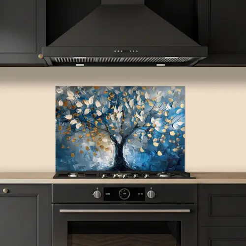 Boom - Blauw - Goud - Abstract keuken achterwand spatscherm klein -sfeer1
