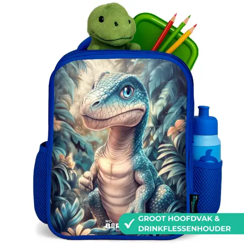 Dino in mystieke jungle met maanlicht Kinderrugzak - Blauw middel -inhoud_NL
