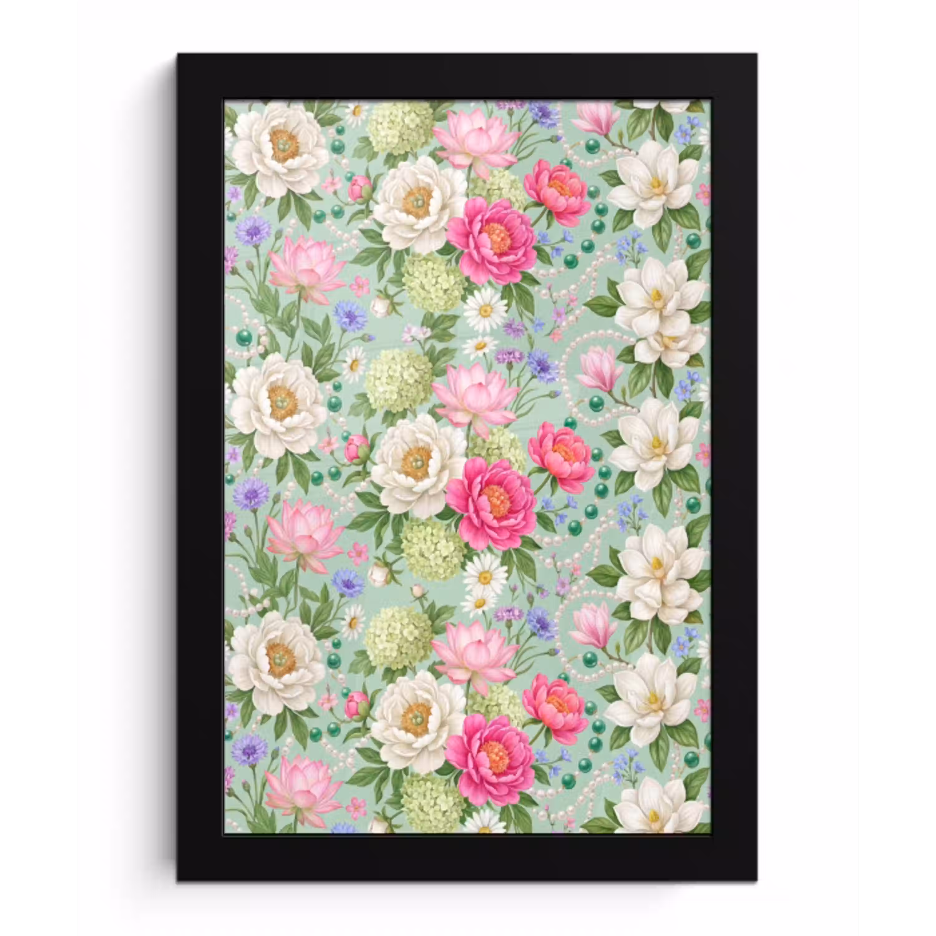 Bloemen - Patroon - Botanisch - Groen fotolijst zwart zonder passe partout klein -3d