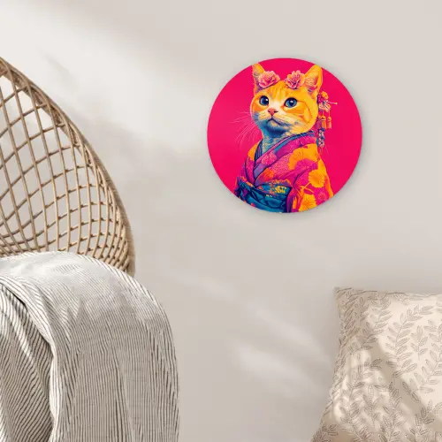 Kat - Kimono - Bloemen - Roze Wandcirkel kunststof plaat 5mm dik klein -sfeer5