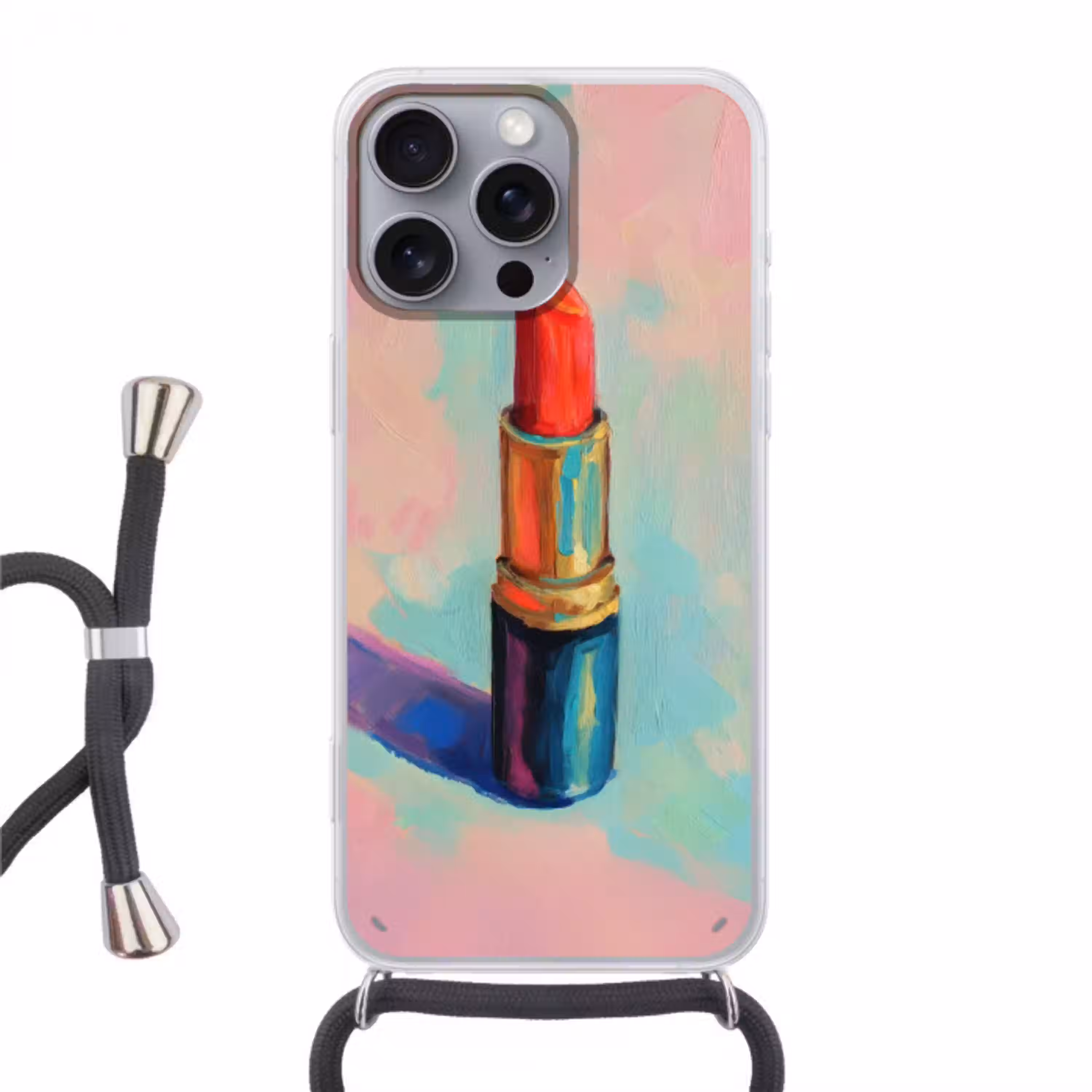 Lippenstift - Rood - Penseelstreken Hoesje iPhone 16 Pro Max met koord klein -3d
