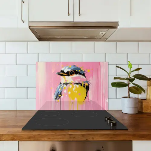 Vogel - Roze - Geel - Blauw keuken achterwand spatscherm klein -sfeer2