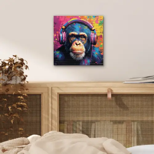 Graffiti - Chimpanzee - Street art - Koptelefoon - Aap aluminium wit klein -sfeer3
