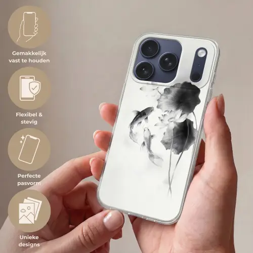 Lotusbloemen - Vissen - Bladeren - Zwart Telefoonhoesje iPhone 17 Pro klein -sfeer3_NL