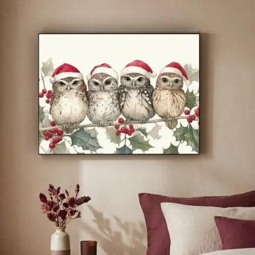 Uilen - Tak - Hulstblaadjes - Kerstmuts Textielframe - compleet frame klein -sfeer1
