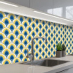 Design - Patroon - Retro - Geel - Blauw keuken achterwand 2 middel 871 -3d_schuin