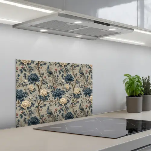 Pauw - Bloemen - Blauw keuken achterwand spatscherm klein 900 -3d_schuin