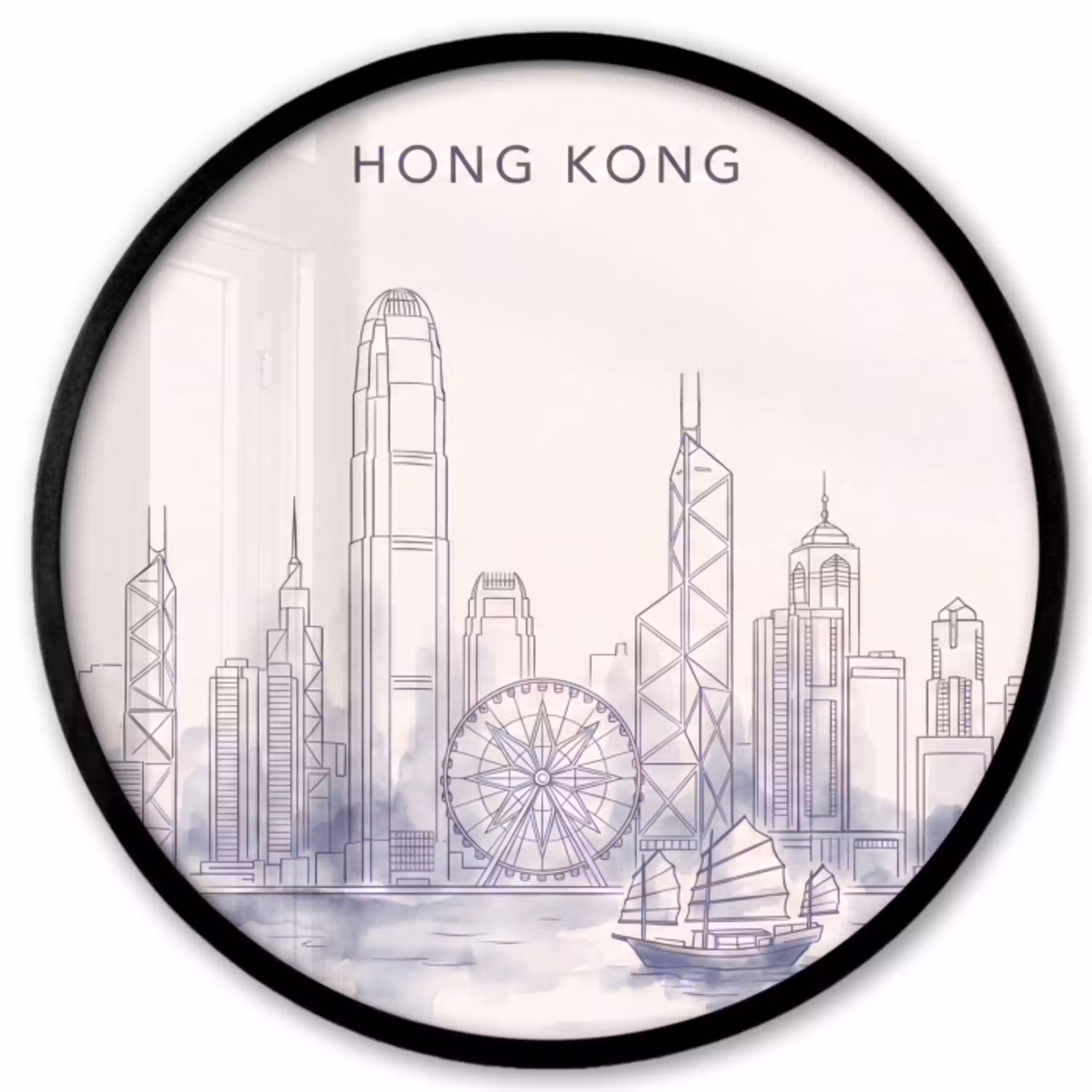 Stad - Skyline - Water - Lijntekening - Blauw Fotolijst rond zonder passe partout klein -3d