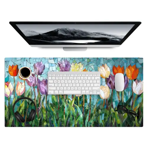 Mozaïek - Veld - Tulpen - Kleurrijk Muismat XXL klein -3d