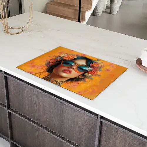 Vrouw - Bloemen - Aesthetic - Oranje Inductie beschermer vinyl 3mm klein -sfeer8