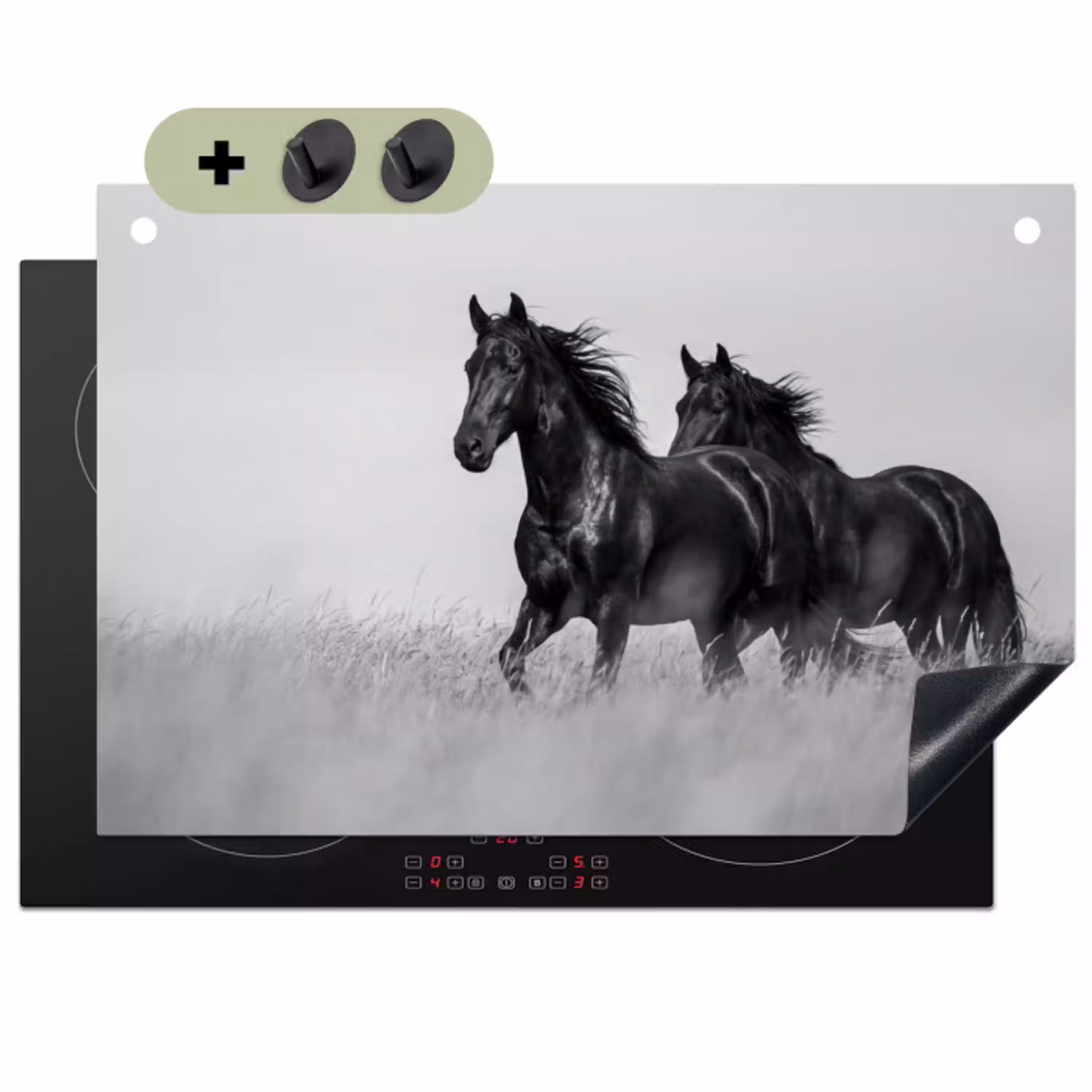 Paarden - Gras - Zwart - Wit Inductie beschemer met haakjes klein -3d