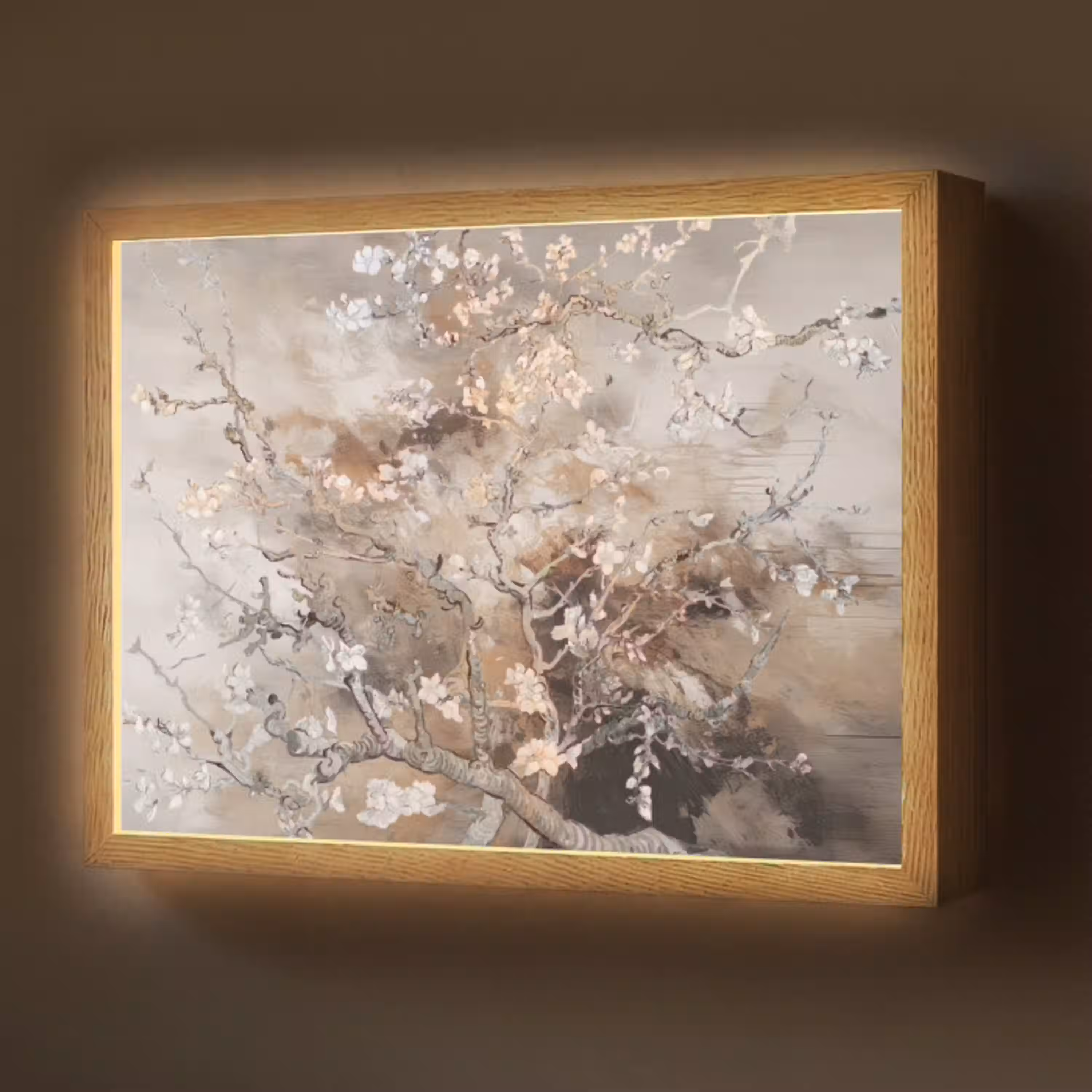 Amandelbloesem - Kunst - Van Gogh - Beige - Abstract Light Box met batterij (Wandlamp) middel -z3d_website