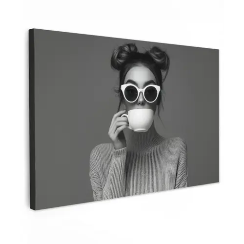 Vrouw - Koffie - Zwart - Wit Tuinposter op houten frame 2 cm dik klein -3d