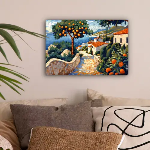Huizen - Mozaïek - Sinaasappelbomen - Zee canvas 2cm klein -sfeer1