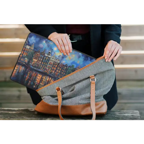 Grachten Amsterdam - Huizen - Stad - Kleurrijk laptophoes neopreen klein -tas
