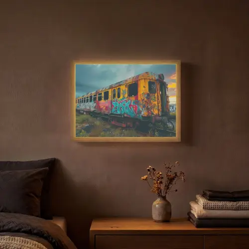 Graffiti - Verlaten trein - Street art Light Box met batterij (Wandlamp) middel -sfeer4